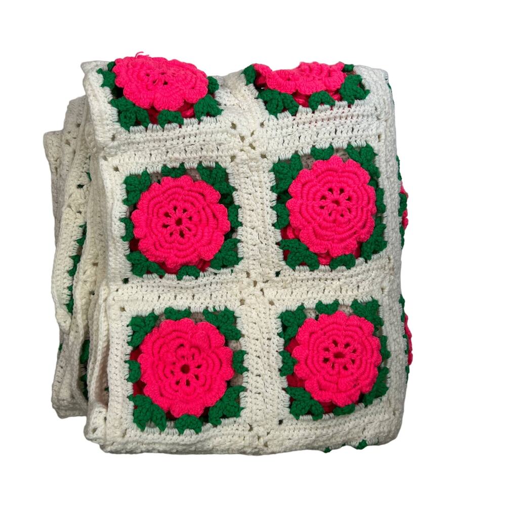 Rose Crochet Blanket Granny Square Handmade Neon Pink Rose Motif White Large